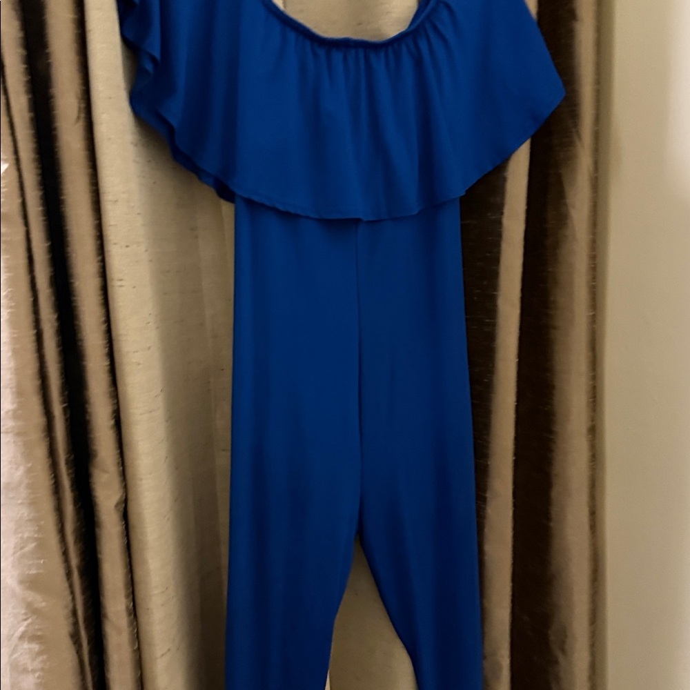 Royal Blue Off-Shoulder Ruffle Jumpsuit - Picture 2 of 5